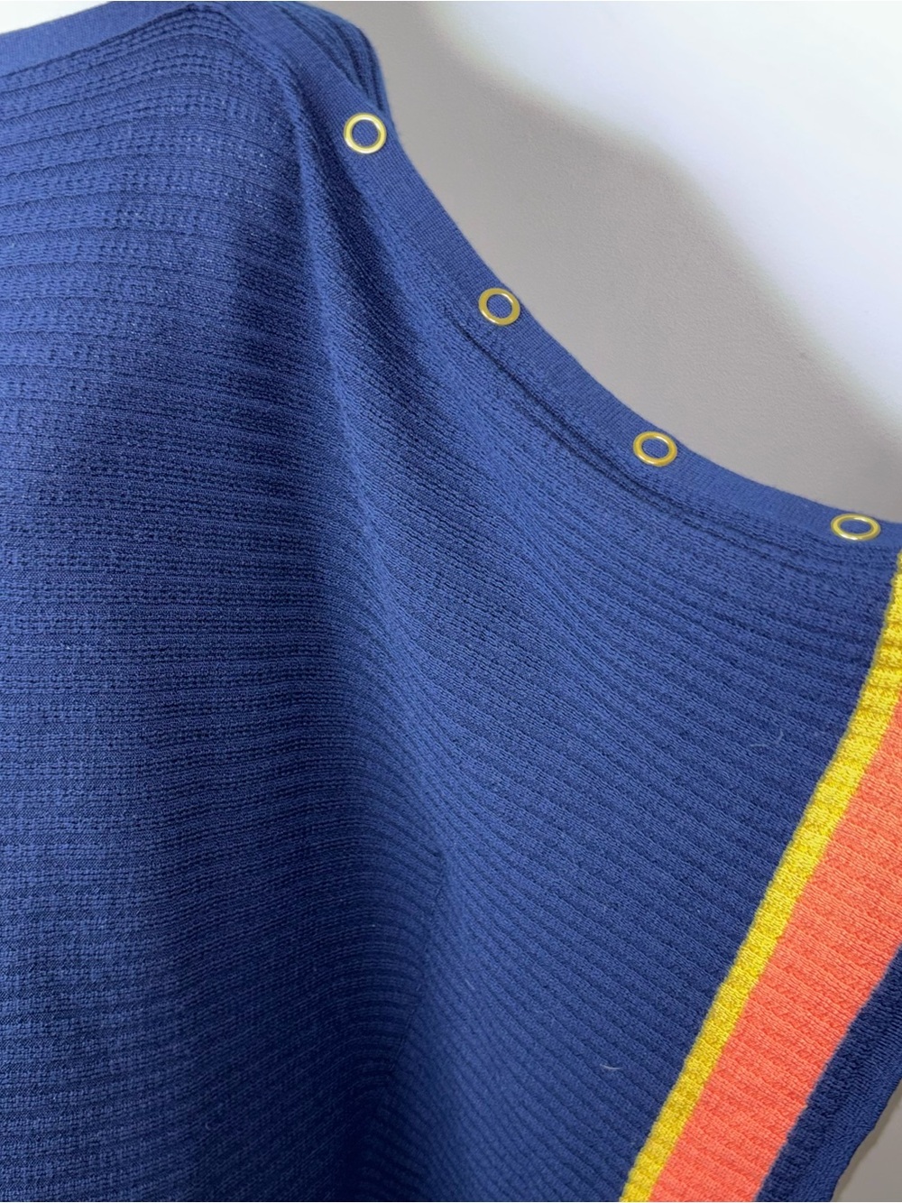 Trina Turk Chic Wrap Pullover Sweater Poncho Blue Knit Stripes and Gold Buttons - Picture 7 of 13